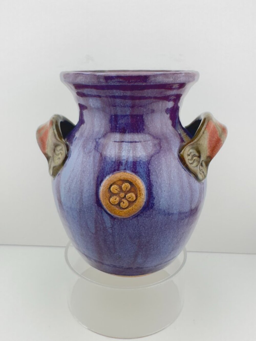 Handcrafted Ceramic Vase Glossy Purple Glaze Distinctive Decorative Handle